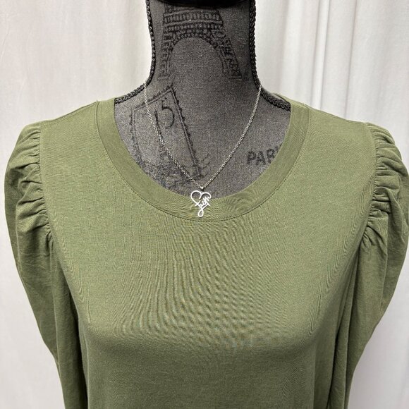 Calvin Klein Top Womens Size Large Olive Green Long Sleeve Ruched Shoulder - Picture 2 of 10